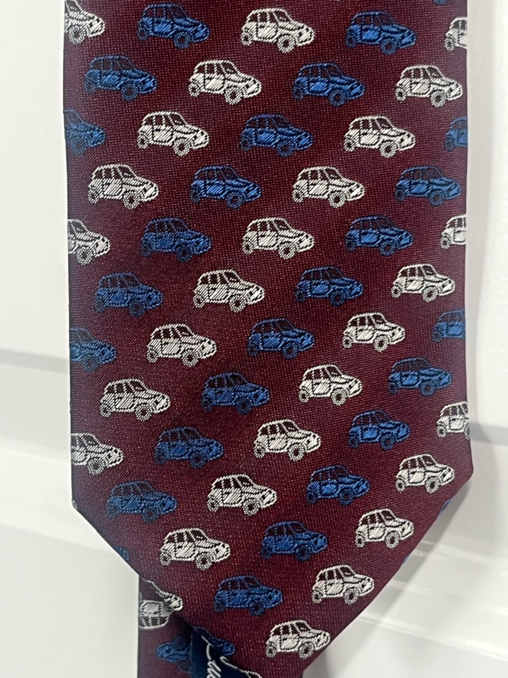 Vintage Luciano Stazi Silk Tie Car Print Burgundy Made in Italy
